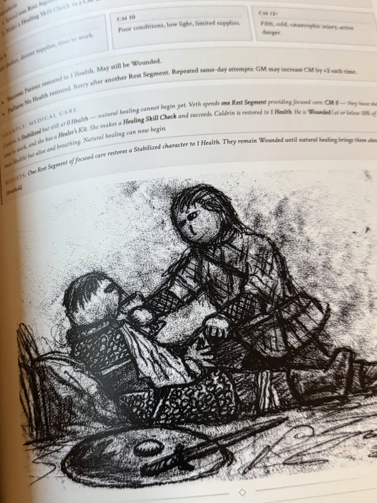 Chapter VIII open: the rules for restoring a fallen character, and a drawing of one being tended.