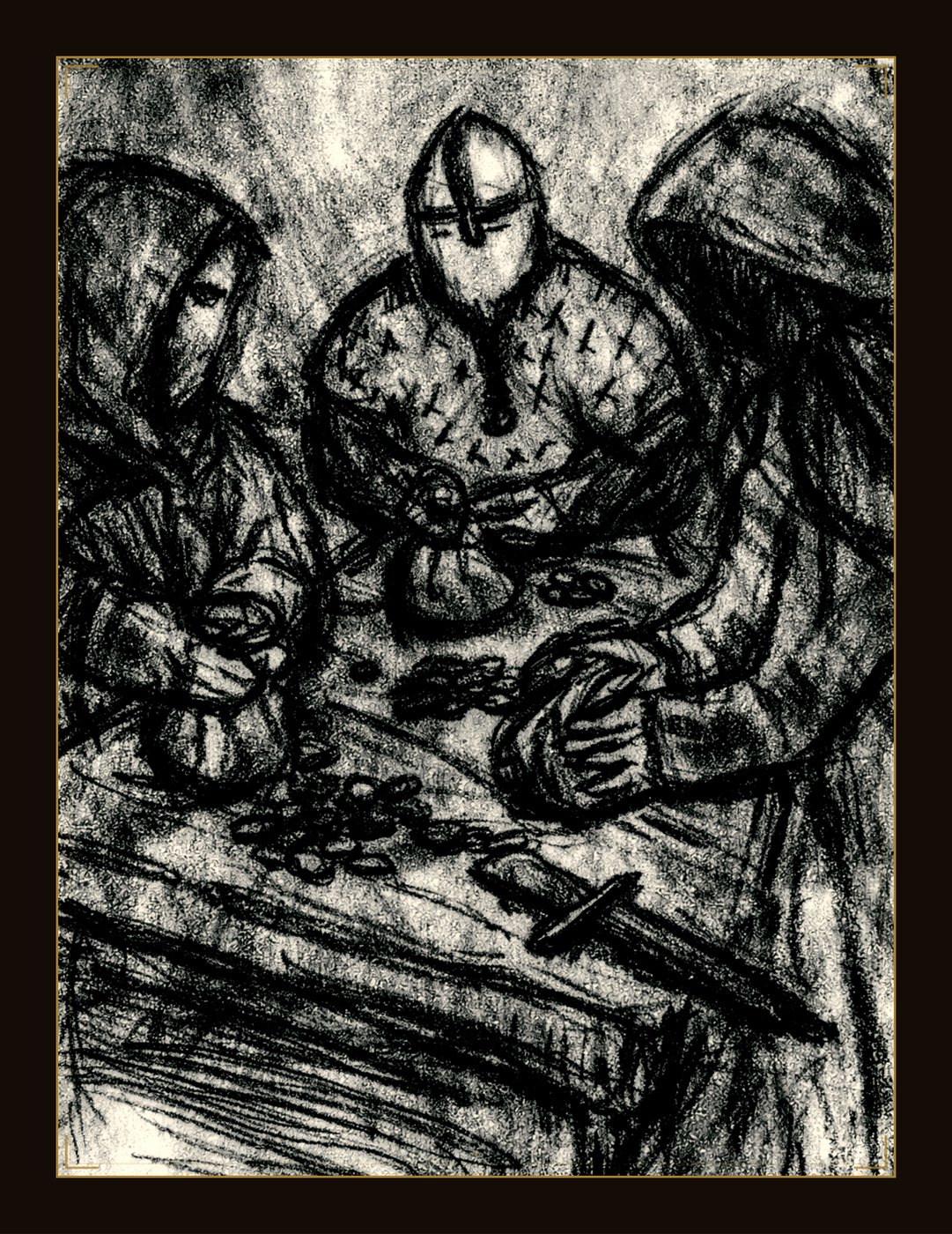 Three figures dividing coin across a table by lamplight.