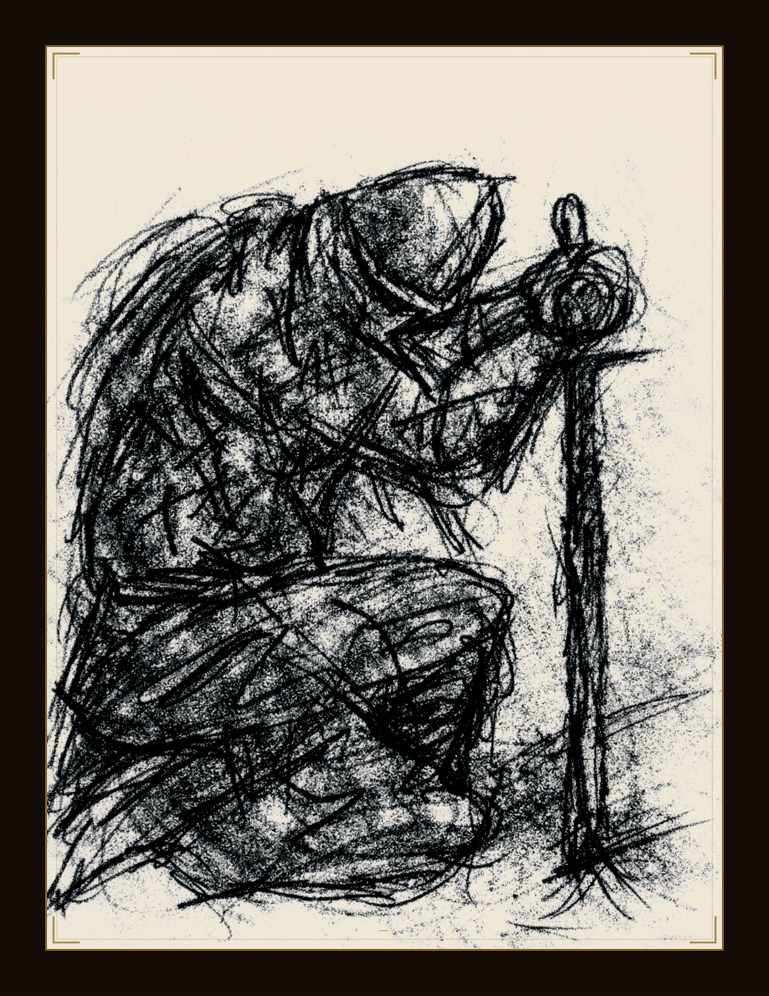 An exhausted figure kneeling, resting on a planted sword.