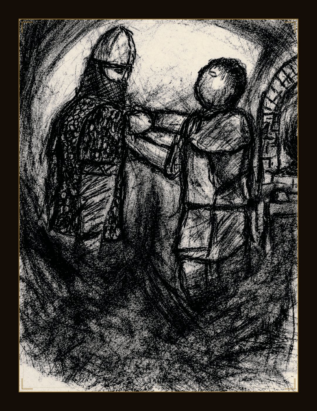 An armourer fitting a mail hauberk to a standing figure.