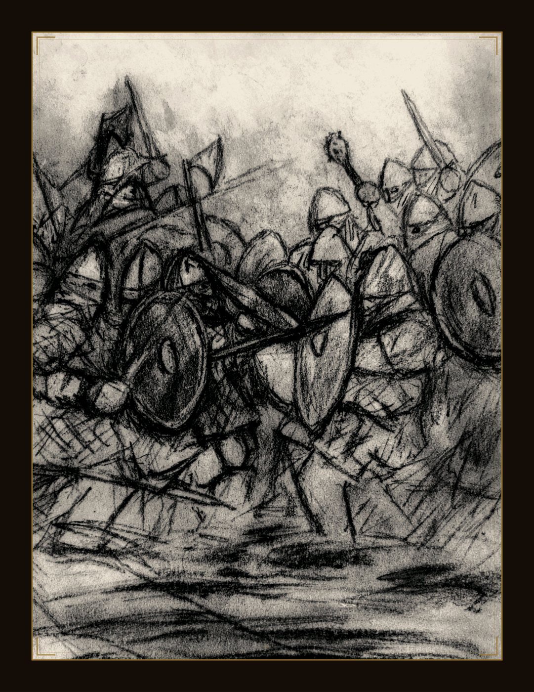 A shield wall meeting in the press of battle.